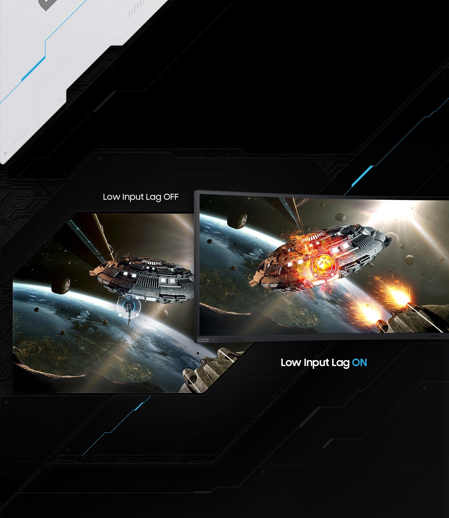 Two screens are shown side-by-side both with starships aiming their guns at another starship flying over an unknown planet. On the right the starship has successfully fired and shows †Low input Lag ON' but on the left the starship has yet to fire and shows †Low input Lag off.'