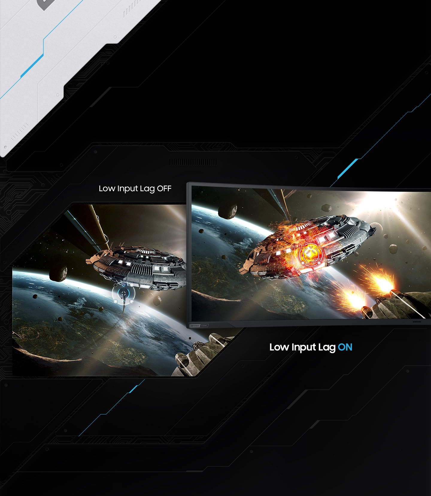 Two screens are shown side-by-side both with starships aiming their guns at another starship flying over an unknown planet. On the right the starship has successfully fired and shows †Low input Lag ON' but on the left the starship has yet to fire and shows †Low input Lag off.'