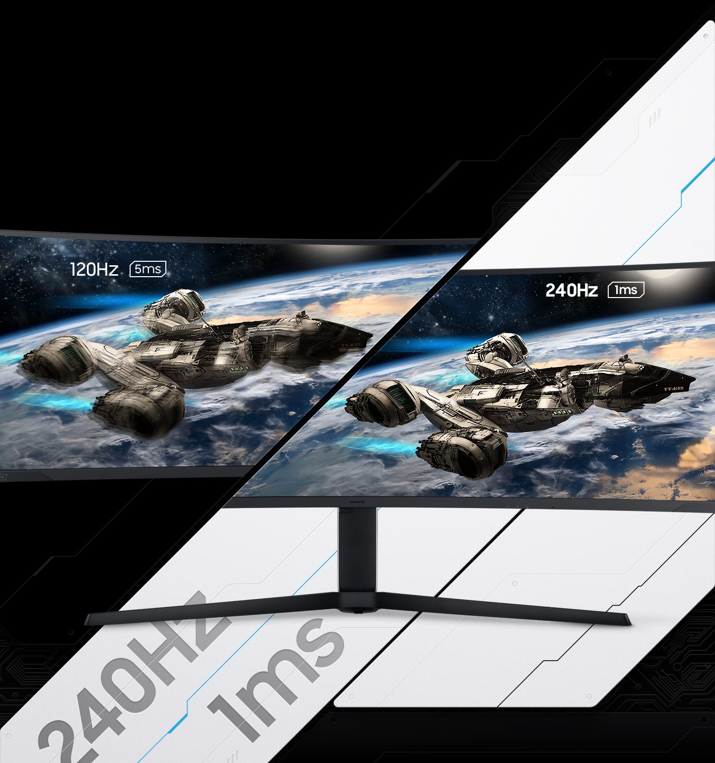 A G95NA monitor shows two spaceships blasting off into space. The monitor is split in two to show the difference in display quality comparing two different refresh rates and response time, one with 120Hz and 5ms and the other with 240Hz and 1ms which shows fewer lagging blurs.