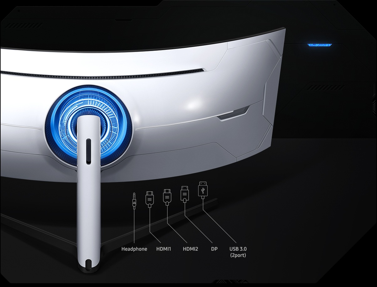 The back of G95NA monitor is shown with blue neon light glowing around the area where the screen attaches to the stand. Below the monitor are an assortment of port plugs including headphone, HDMI1, HDMI2, Display Port and USB 3.0(2ports). Above the monitors displays two icons, where multiple ports icon is highlighted with white on the right.