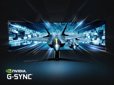 On the monitor's screen, two jet fighter planes are speeding with light beams trailing from all around, suggesting they are traveling extremely fast. And NVIDIA G-Sync logo appears on the bottom left corner.