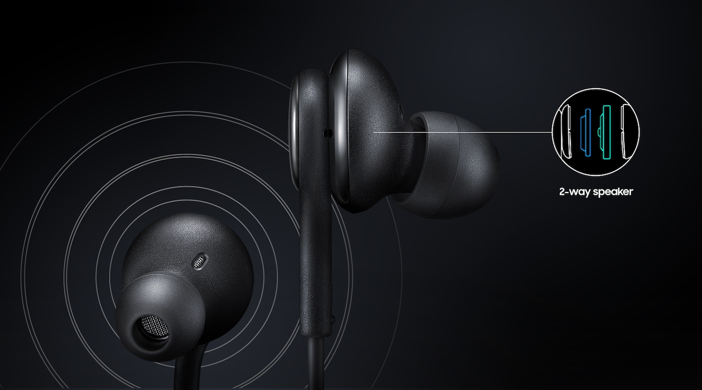 Tips of the Samsung 3.5mm earphones are visible with circular waves in the black background. In the upper right corner is a diagram showing internal structure of a 2-way speaker.