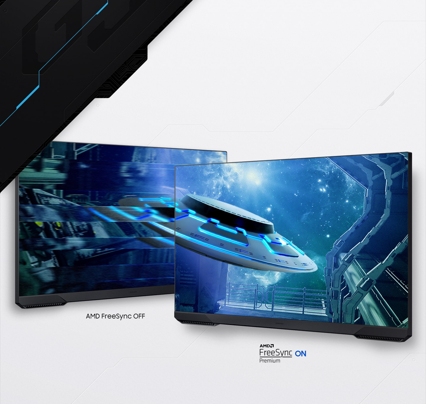 Two monitors show the same scene of a starship flying through a larger spaceship's hangar headed towards deep space. The left monitor's screen with FreeSync off is disjointed with jarring screen jitter while the right with FreeSync Premium on shows the starship with perfect clarity.