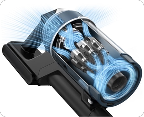 An illustration of the inside of a Bespoke JET demonstrates its Digital Inverter Motor, with blue streaks demonstrating the powerful suction and airflow.