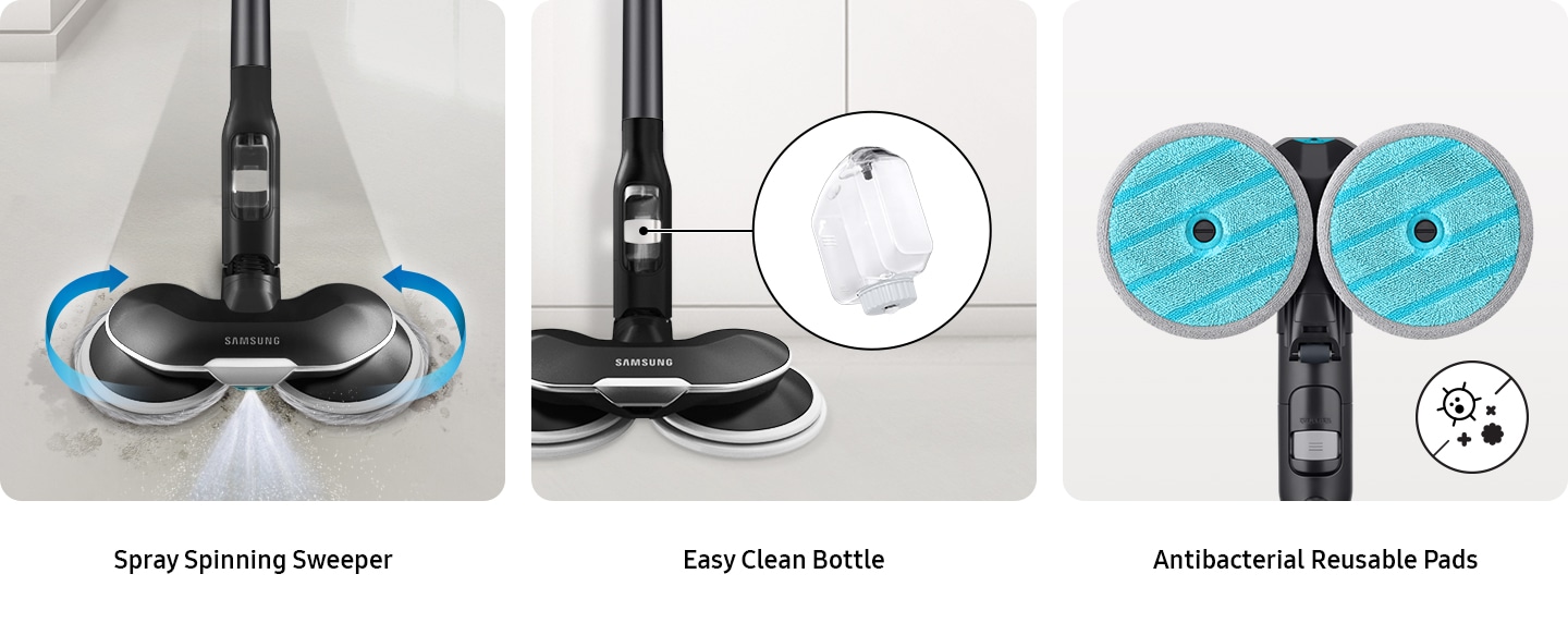 In the closeup of a Bespoke JET's spray spinning sweeper, the spray is in the front and one sweeper is rotating clockwise and the other sweeper rotating counterclockwise. Next to it are 2 closeups: first, the easy clean water bottle. Second, the antibacterial reusable pads with an icon that illustrates antibacterial properties on the bottom right.
