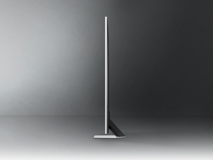Profile view of Samsung NEO QLED 4K Lifestyle Smart TV shows ultra slim design of QLED TV NeoSlim.