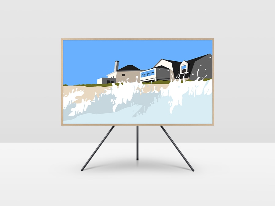 Turn The Frame TV into an art display. Samsung The Frame is placed on a Studio Stand showcasing an artwork.