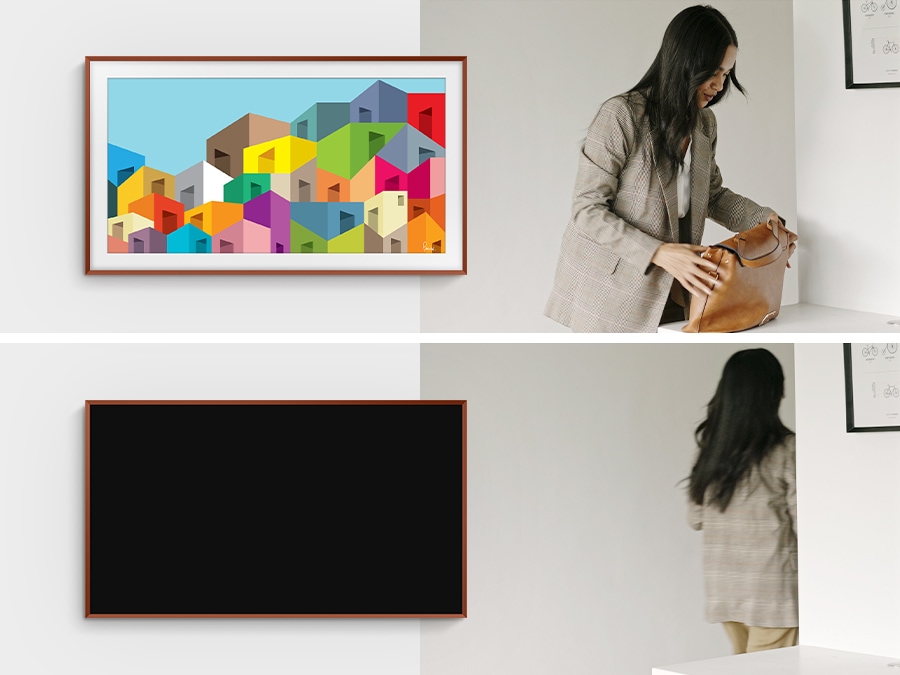 Discover the Motion Sensor feature of Samsung The Frame 2022. The Frame TV is displaying a colorful artwork. A woman is next to the artwork touching her bag.