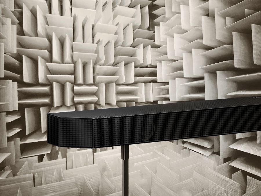 Samsung Soundbar seen from the rear in an anechoic chamber used to test each aspect of the soundbar.