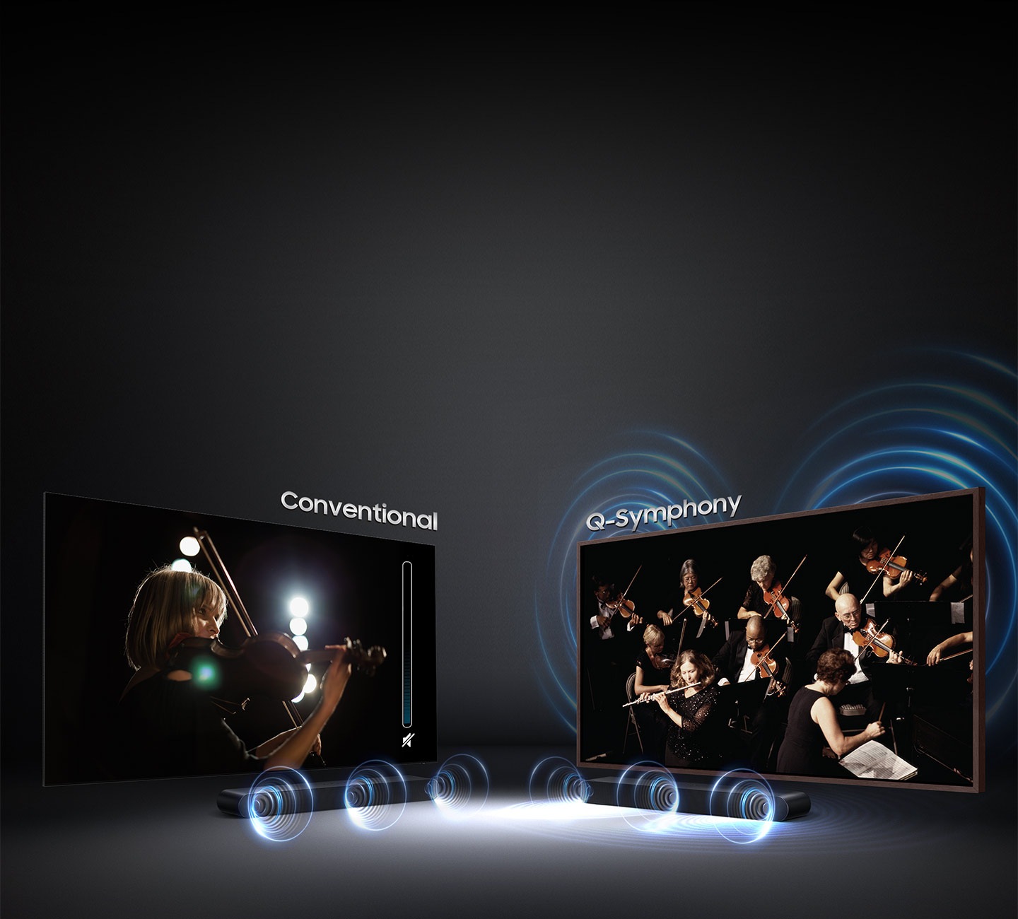 Sound wave graphics from only soundbar demonstrate conventional sound experience.
On the other hand, sound wave graphics from TV speaker and soundbar show that Q Symphony allows sound to be heard simultaneously from TV speaker and soundbar.