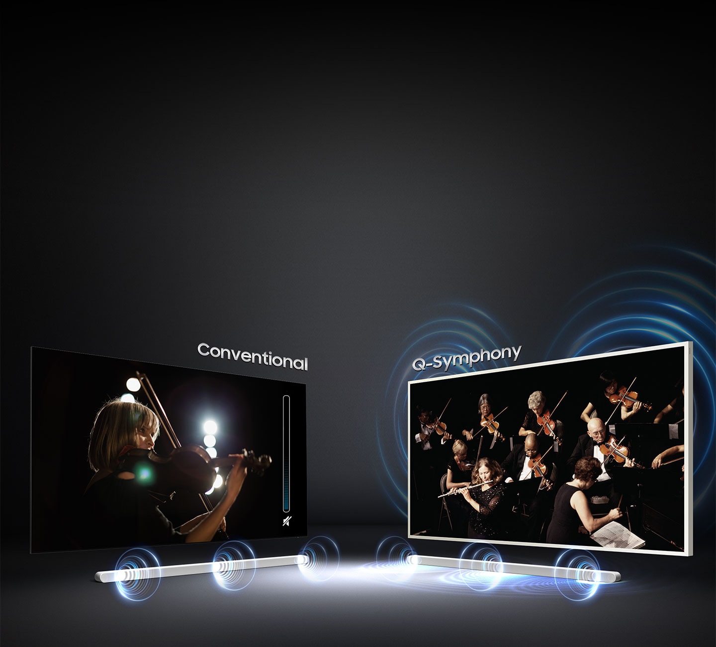 Sound wave graphics from only soundbar demonstrate conventional sound experience.On the other hand, sound wave graphics from TV speaker and soundbar show that Q Symphony allows sound to be heard simultaneously from TV speaker and soundbar.