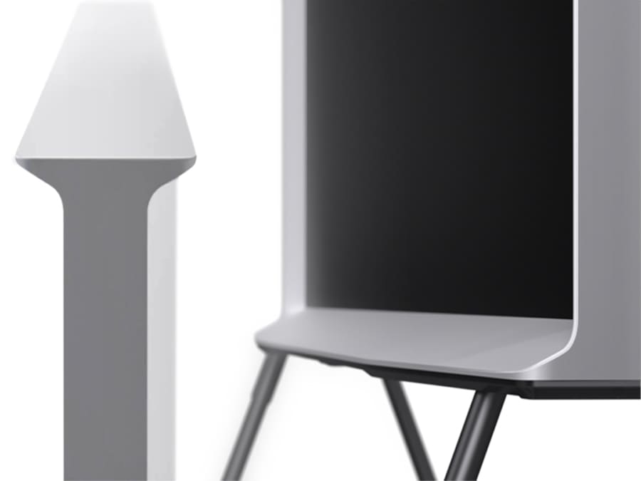 A closeup of the upper and lower part of The Serif TV's design to show the 'I' shape.