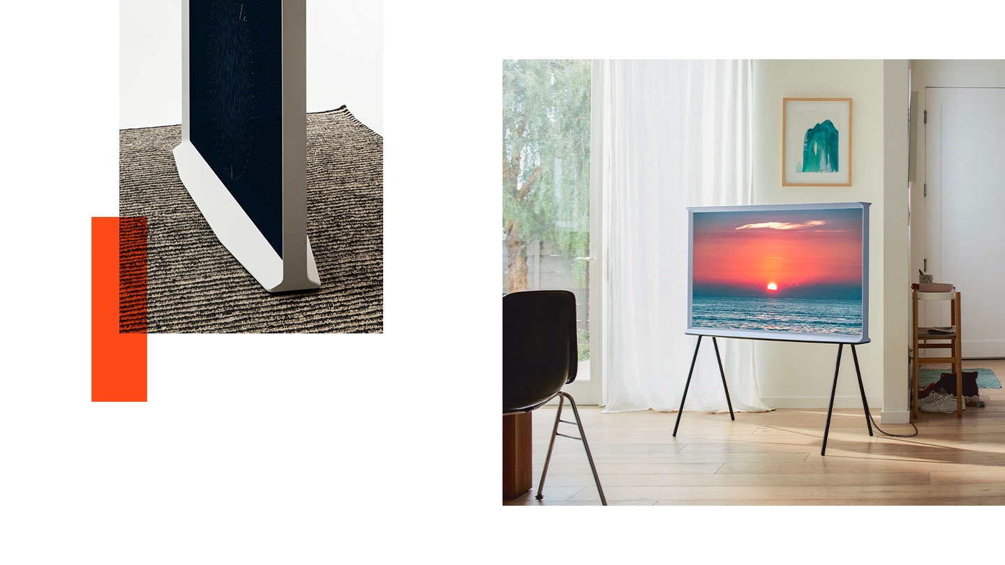 The left image shows the bottom half of The Serif TV on display. The right image shows The Serif TV mounted on a stand in the living room.