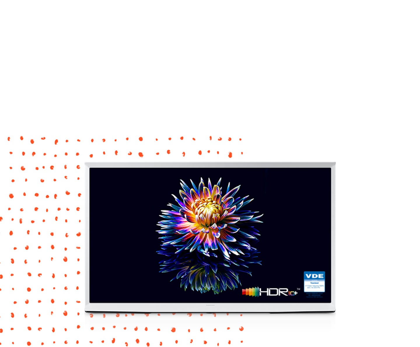 A flower is blooming on The Serif TV screen in vivid color. The 'HDR 10+' and 'VDE' logos are on display in the bottom.