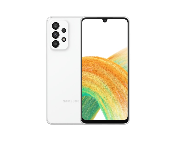 Compare Samsung A33 5G specs now. Galaxy A33 5G in Awesome White seen from the front with a colorful wallpaper onscreen, and from the back with its multi-lens camera feature
