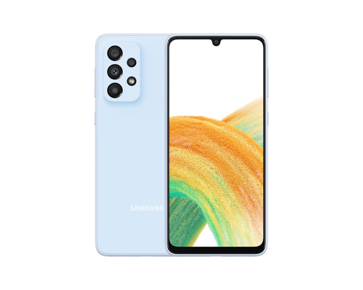Explore Samsung A33 specs now. Galaxy A33 5G in Awesome Blue seen from the front with a colorful wallpaper onscreen, and from the back with its multi-lens camera feature