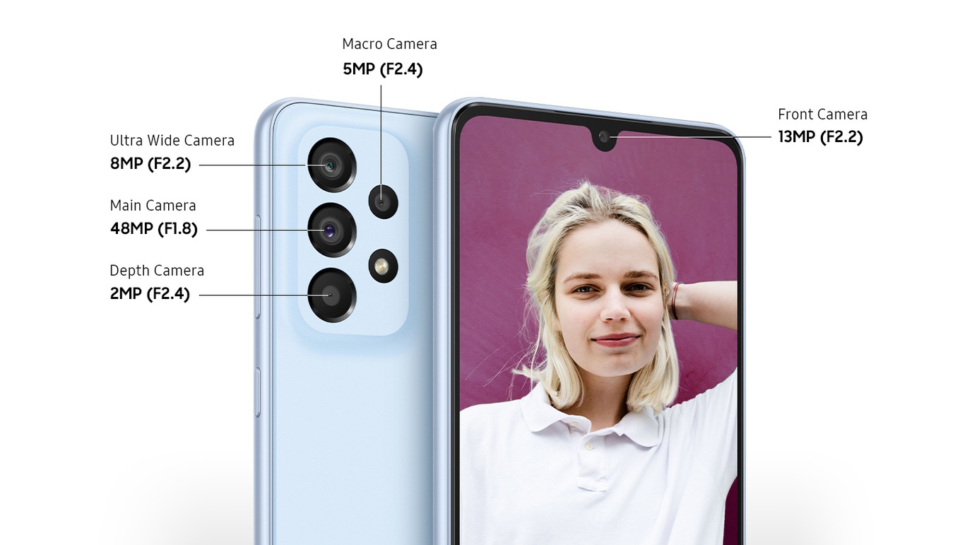 Check out Samsung A33 5G buy promo. The camera specs of Galaxy A33 5G in Awesome Blue with 5MP Macro Camera, 8MP Ultra Wide Camera, 48MP Main Camera, 2MP Depth Camera and a 13MP Front Camera