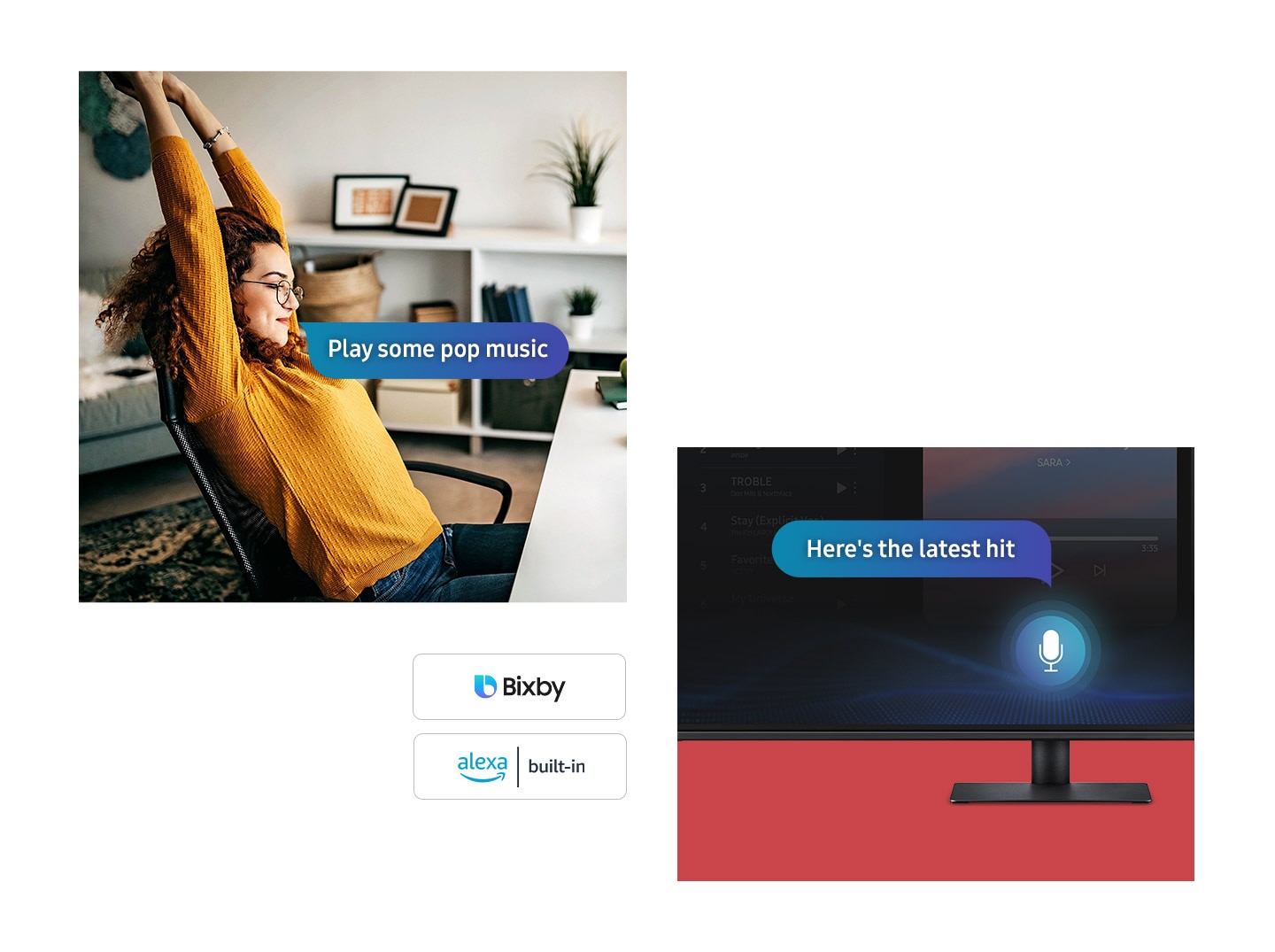 Samsung Smart Monitor M7 supports multiple voice assistants such as Alexa built-in and Bixby. A woman sits in a chair at her desk with a word bubble next to her has the text "Play some pop music". On the monitor screen next to a microphone icon, a word bubble has the text "Here's the latest hit".