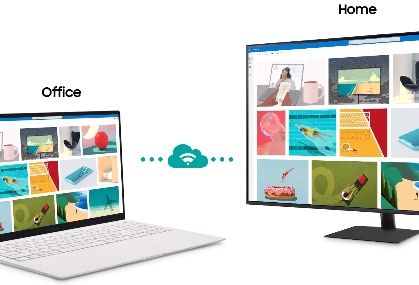 A monitor sits next to a laptop. Above the monitor, the word †Home' appears. Above the laptop the word †Office' appears. The laptop makes a connection with the monitor represented by  a cloud icon. After connecting, the content shown on the laptop screen is mirrored on to the monitor screen.