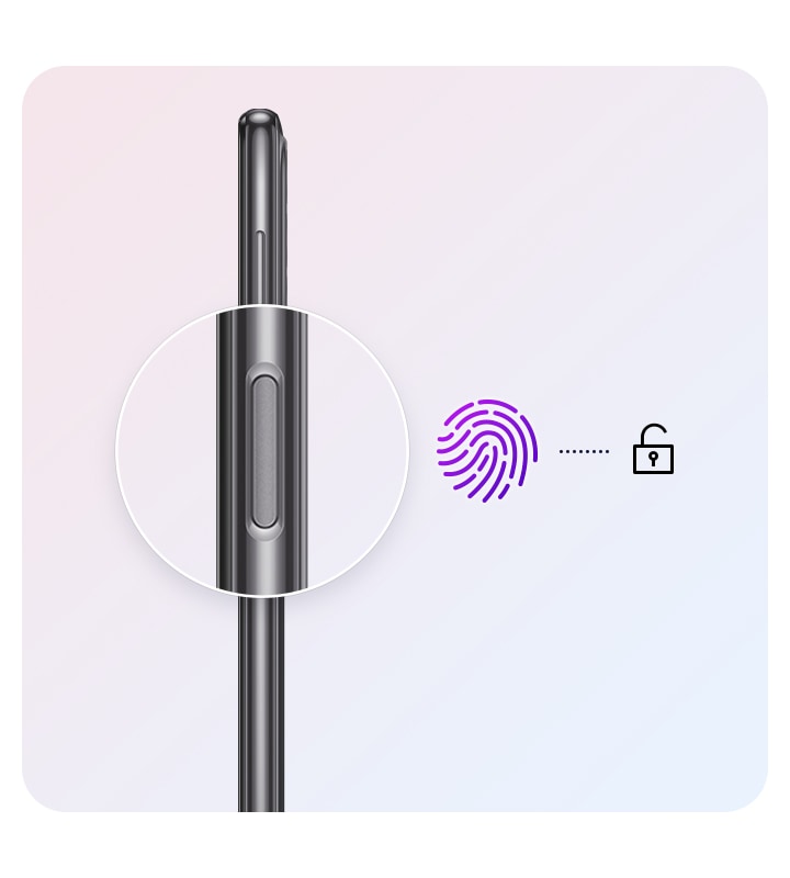 Unlock A23 Samsung via a fingerprint sensor. A side profile of the Galaxy A23 with the fingerprint sensor enlarged and magnified. A fingerprint icon and an unlock icon are shown with a short dotted line between them.