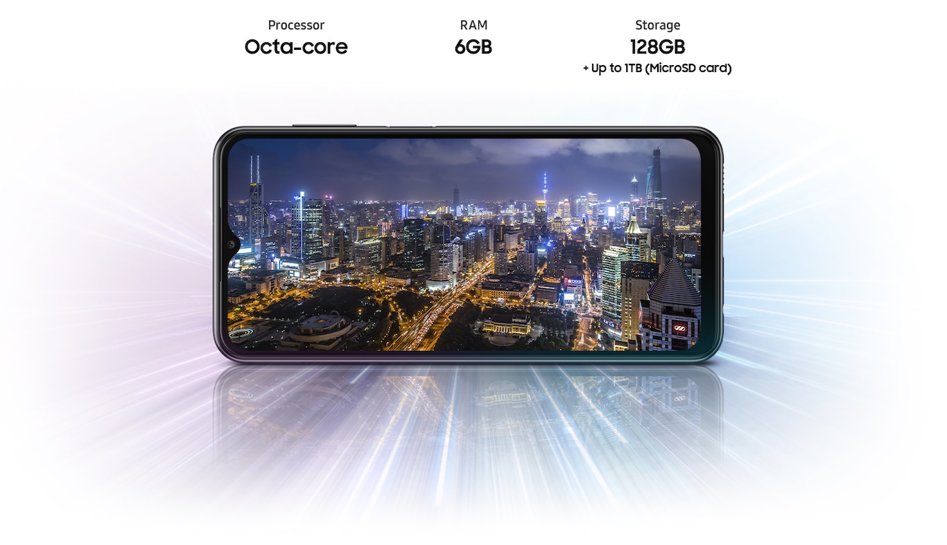 Samsung Galaxy A23 shows a night city view, indicating device offers Octa-core processor, 4GB/6GB/8GB RAM, 64GB/128GB with up to 1TB-storage
