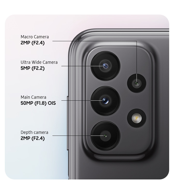 Explore Galaxy A23 camera specs. A close-up of Samsung A23's rear Quad Camera, showing 50MP OIS Main Camera, 5MP Ultra Wide, 2MP Depth and 2MP Macro