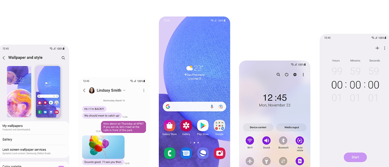 Customise Samsung Galaxy A23 phone with One UI Core 4. From left to right, the screens show: the Wallpaper and style menu on settings, a text message conversation with custom Light purple and purple. colored text bubbles, a customized Home Screen, a customized Quick Settings menu, and a customized Stopwatch screen.