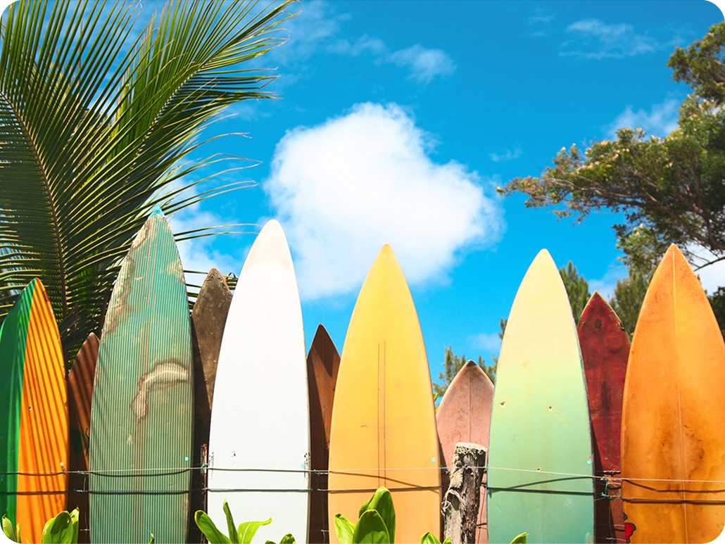 Samsung A23 camera with its 77-degree wide angle icon activated, the shot includes fewer surfboards and a narrower shot that only includes a little of the sky and surroundings.