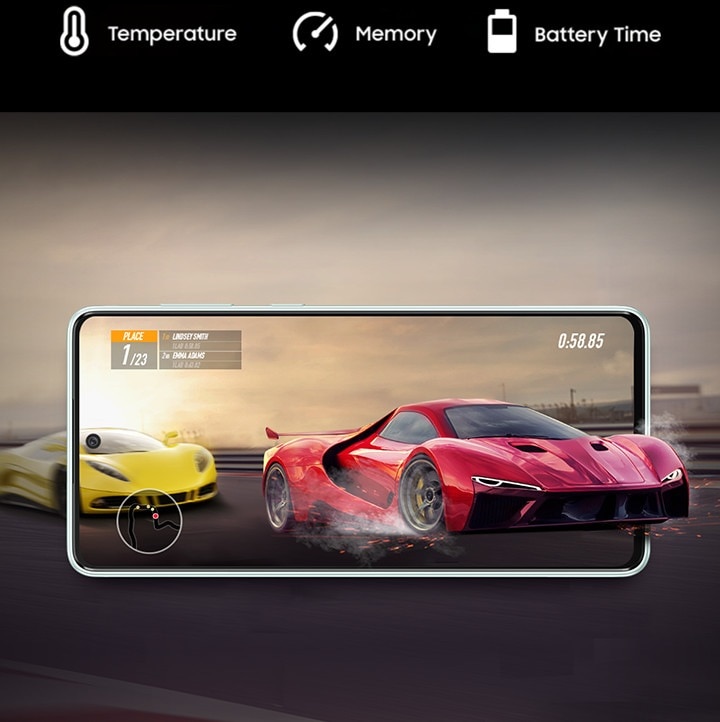 Enjoy uninterrupted gaming on Samsung Galaxy A73 5G with Game Booster. The scene from a car racing game, showing a racetrack with a yellow car racing. On the screen is a racing red car, driving out of the boundaries of the screen. Above, texts read Temperature, Memory and Battery Time.