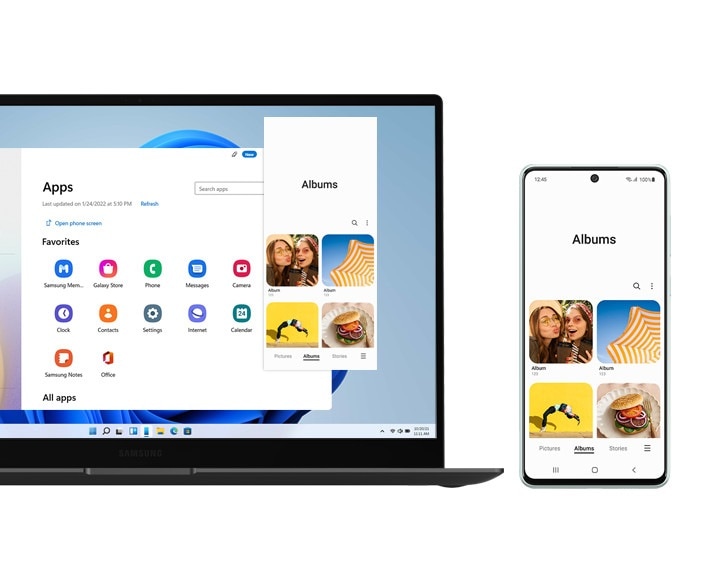 Cast apps on Galaxy A73 5G to a Galaxy laptop or a PC with Link to Windows. The laptop shows the Apps window which are downloaded from Samsung A73 5G. Both laptop and smartphone show the same Albums app on the screens