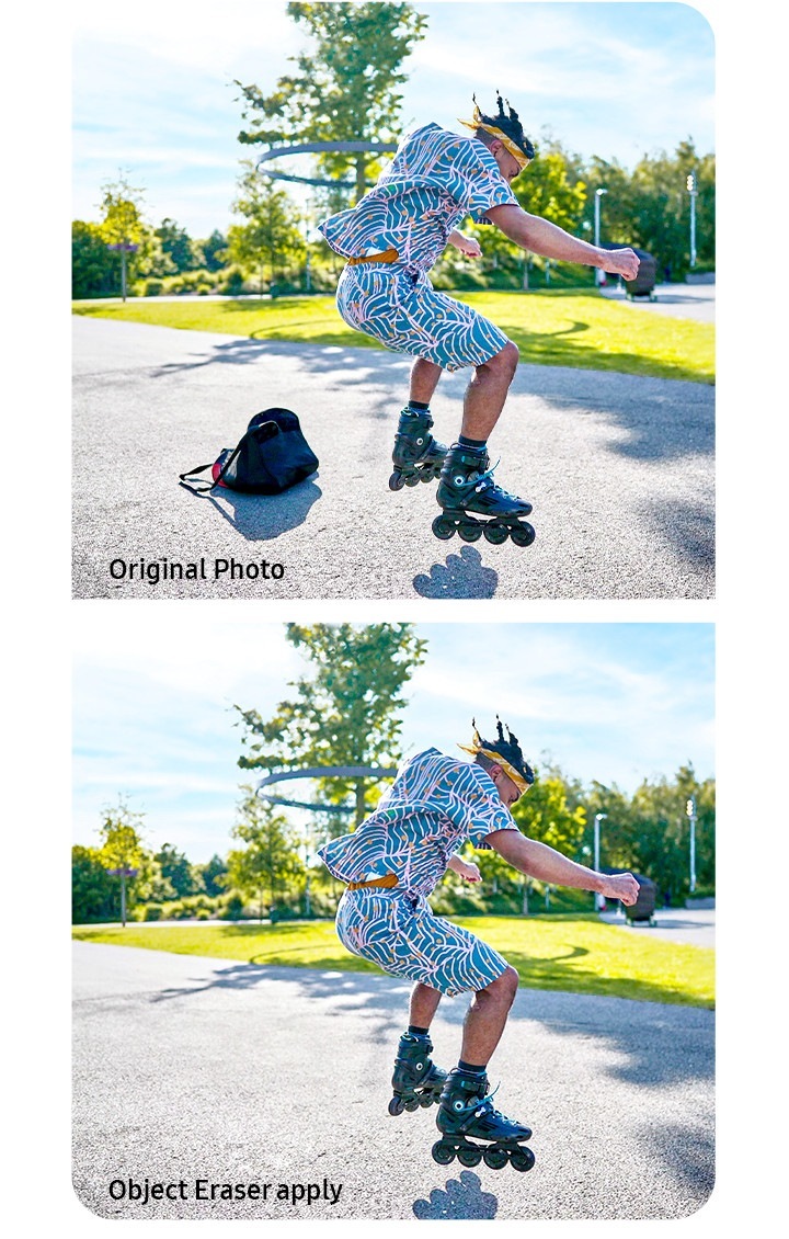 Enhance photo taken with Galaxy A73 5G with Object Eraser feature. A man is rollerblading in a park on a bright, sunny day. On the original photo, a backpack is on the ground next to the man. On the Object Eraser-applied photo, the backpack and its shadow are cleanly erased.