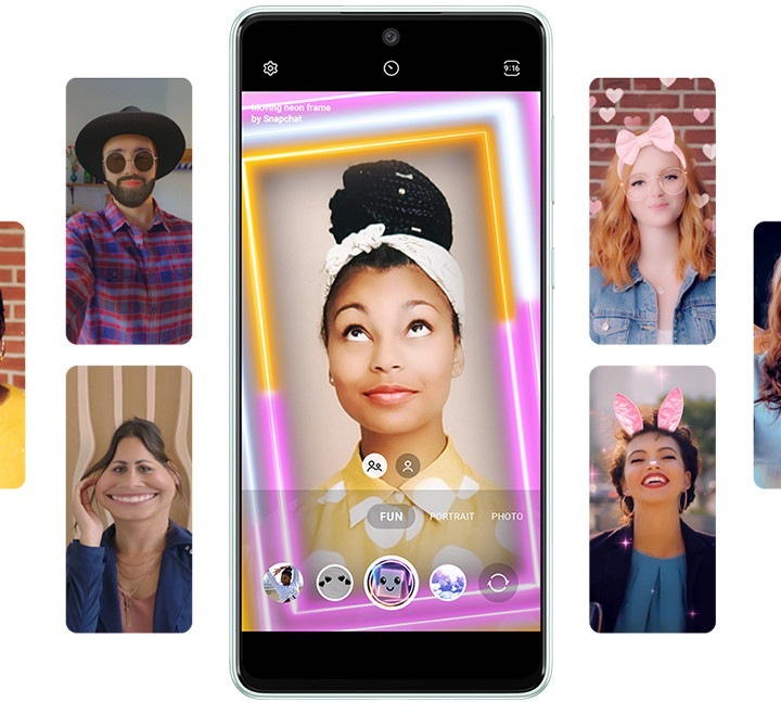 Try the filters from Snapchat Lenses in Samsung Galaxy A73 5G today. An image with people are using Fun mode on Galaxy A73 5G by applying various Snapchat Lenses filters onto their faces and background.