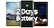 A Galaxy A73 5G is in between two landscape photos. On the left, a beautiful mountain landscape in bright daylight. On the right, a man sitting in front of a campfire, pointing to the stars on a dark, night sky. Text in the center reads 2 Days Battery.