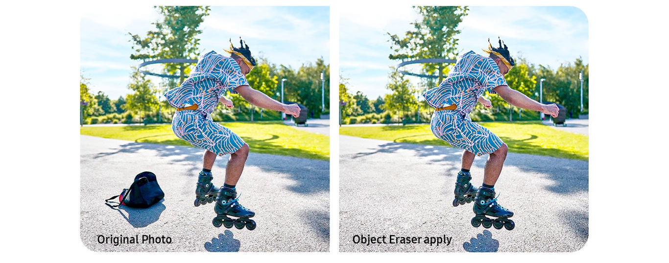 Enhance photo taken with Galaxy A73 5G with Object Eraser feature. A man is rollerblading in a park on a bright, sunny day. On the original photo, a backpack is on the ground next to the man. On the Object Eraser-applied photo, the backpack and its shadow are cleanly erased.