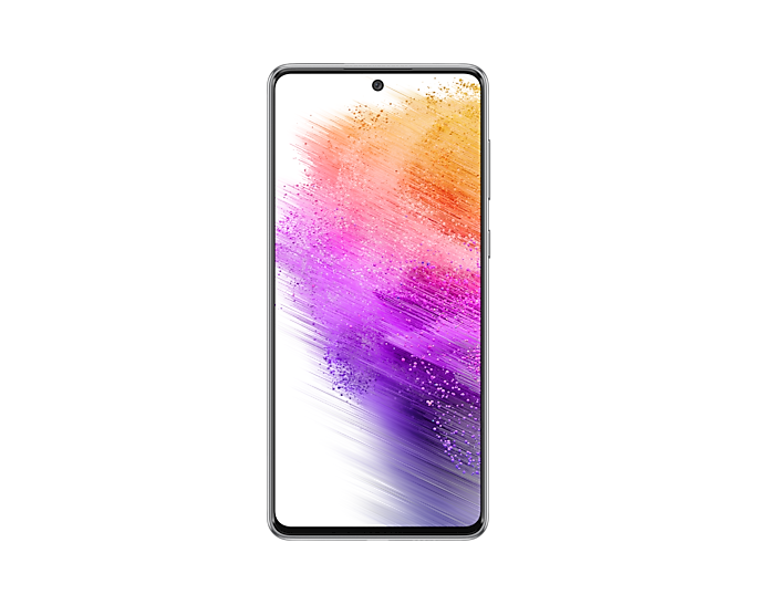 2. Galaxy A73 5G in Awesome Gray seen from the front with a colorful wallpaper onscreen. It spins slowly, showing the display, then the smooth rounded side of the phone with the SIM tray, then the matte finish and the minimal camera housing on the rear and comes to a stop at the front view again.