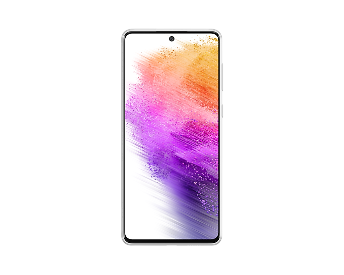 3. Galaxy A73 5G in Awesome White seen from the front with a colorful wallpaper onscreen. It spins slowly, showing the display, then the smooth rounded side of the phone with the SIM tray, then the matte finish and the minimal camera housing on the rear and comes to a stop at the front view again.