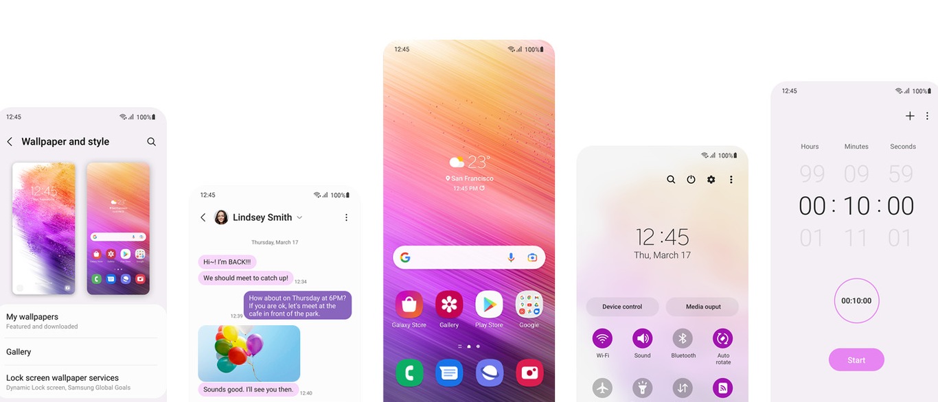 Customise your Samsung Galaxy A73 5G using One UI 4. From left to right, the screens show: the Wallpaper and style menu on settings, a text message conversation with custom pink and burgundy colored text bubbles, a customized Home Screen, a customized Quick Settings menu, and a customized timer screen.