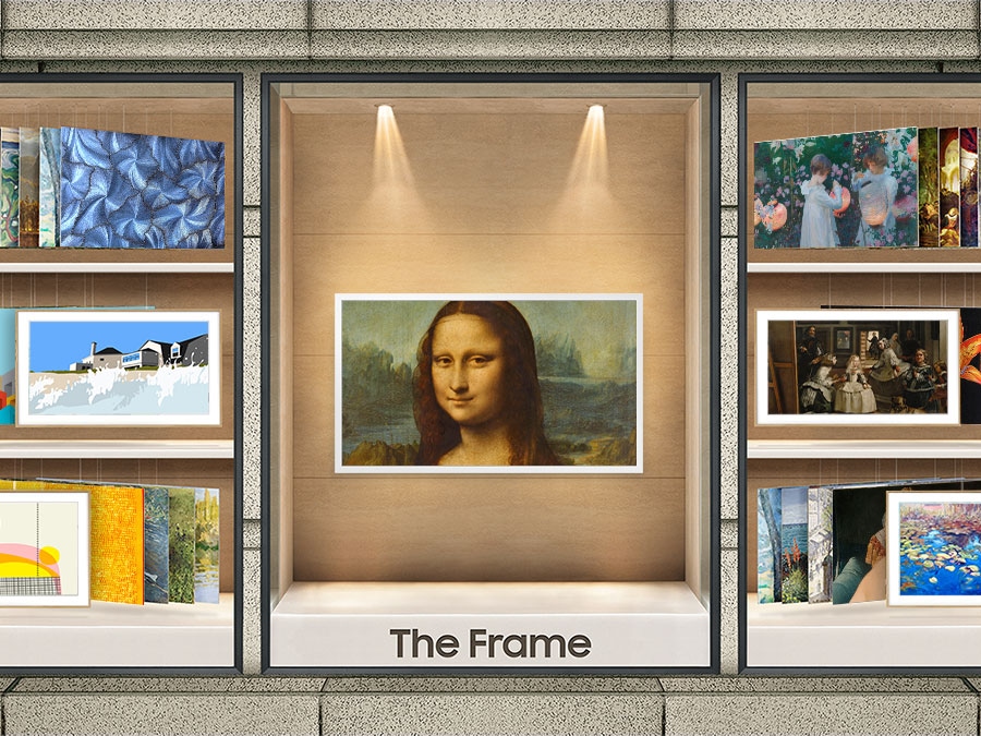 The Frame TV showing the Mona Lisa is displayed on a stand in the center. To its left and right, various art options found in the Art Store are displayed.