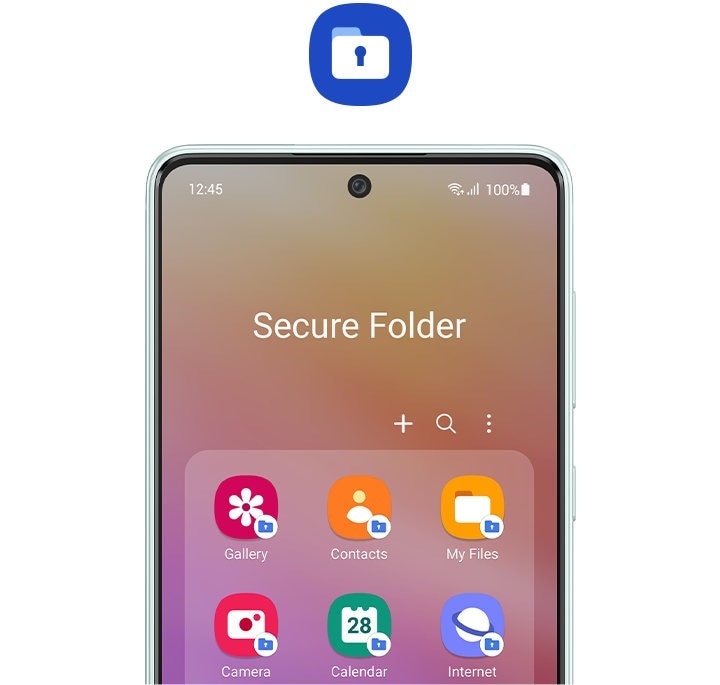 Explore Samsung Galaxy A73 5G security feature today. Samsung A73 5G is displaying the apps inside Secure Folder, including Gallery, Contacts, My Files and more. Each app icon has a small Secure Folder icon attached at the bottom right. Above the smartphone is a larger Secure Folder icon.