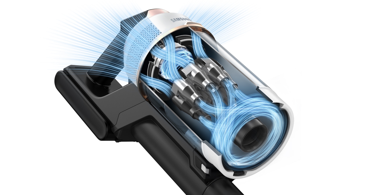 A close-up internal illustration a Bespoke JET's Digital Inverter Motor has blue streaks demonstrating the powerful suction.