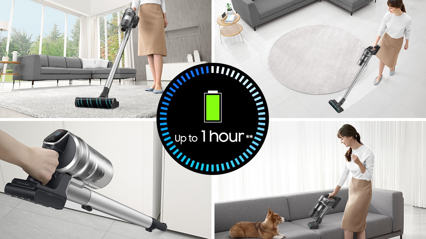 A person cleans the room corner with a VS7500 equipped with an extension crevice tool and cleans the sofa with a combination tool. It can also work on a hard floor and carpet. Battery allows cleaning for up to 1 hour.
