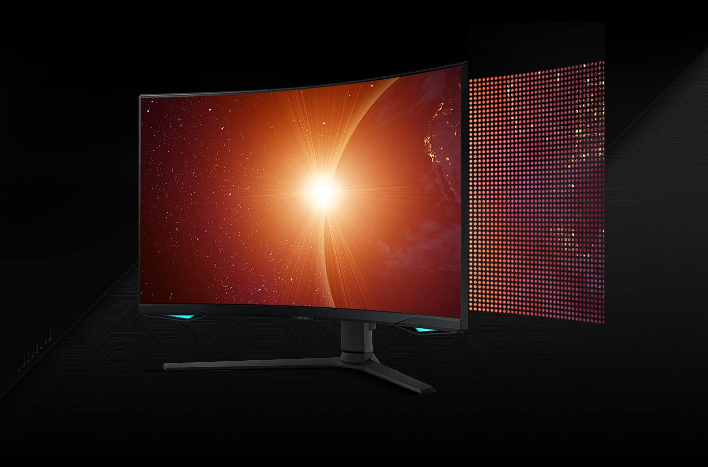 A video shows a split monitor screen with "Edge LED" on the left with a few large dots and "Quantum Mini-LED" on the right with many small dots. The left then shows ten local dimming zones and the right with 1,194. A shining star then appears on the screen as the monitor rotates to its left.