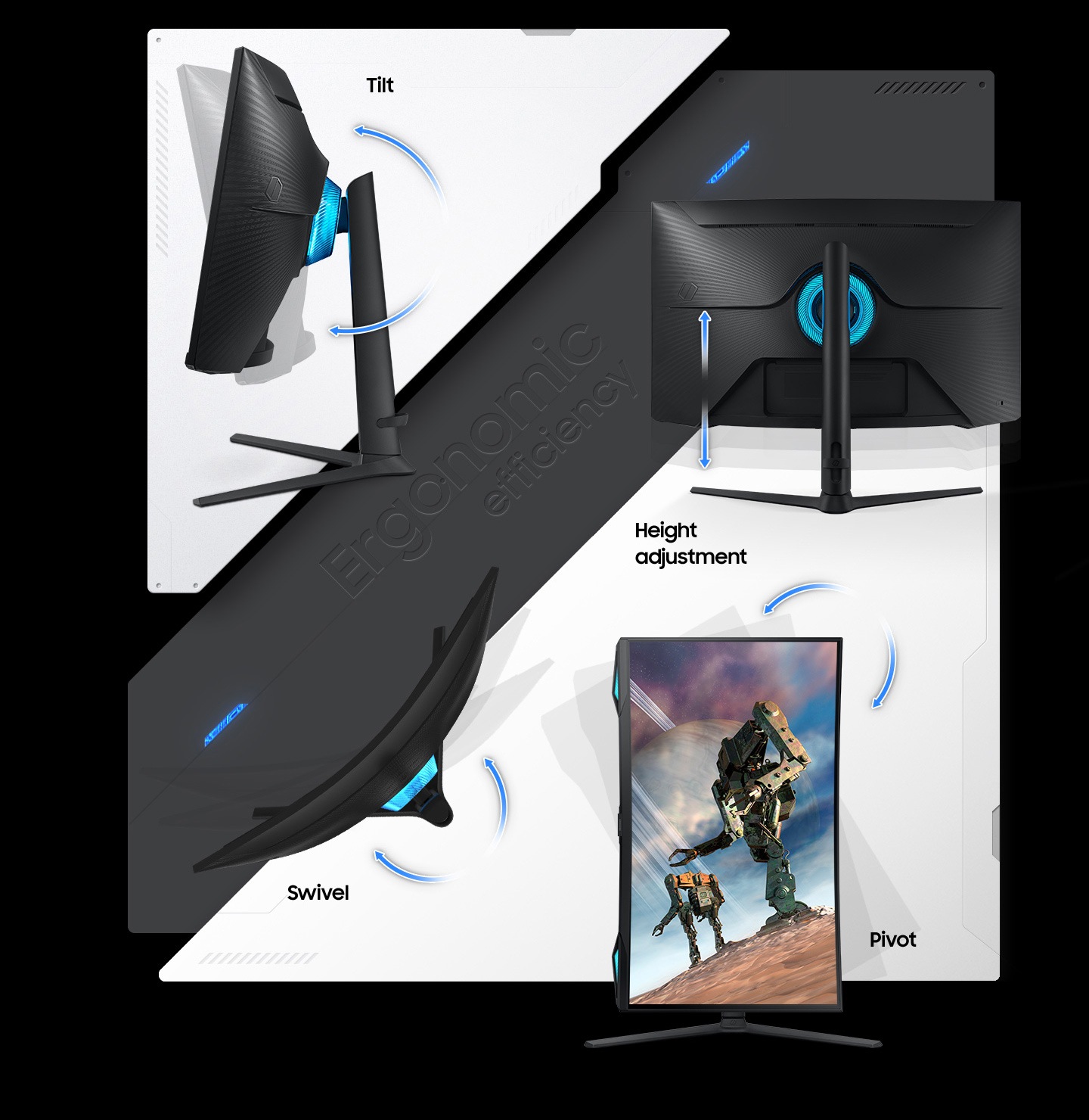 Four identical monitors are shown. The monitor on the top left is side-facing, pivoted upward demonstrating the tilt functionality. The monitor on the top right shows the rear front-on, with arrows pointing up and down to demonstrate the height adjustment function. In the bottom left, a monitor is pivoted to the lift from a birdseye view, showing swivel functionality. In the bottom right, the monitor is fully vertical with two robotic machines on screen, demonstrating the pivot function.