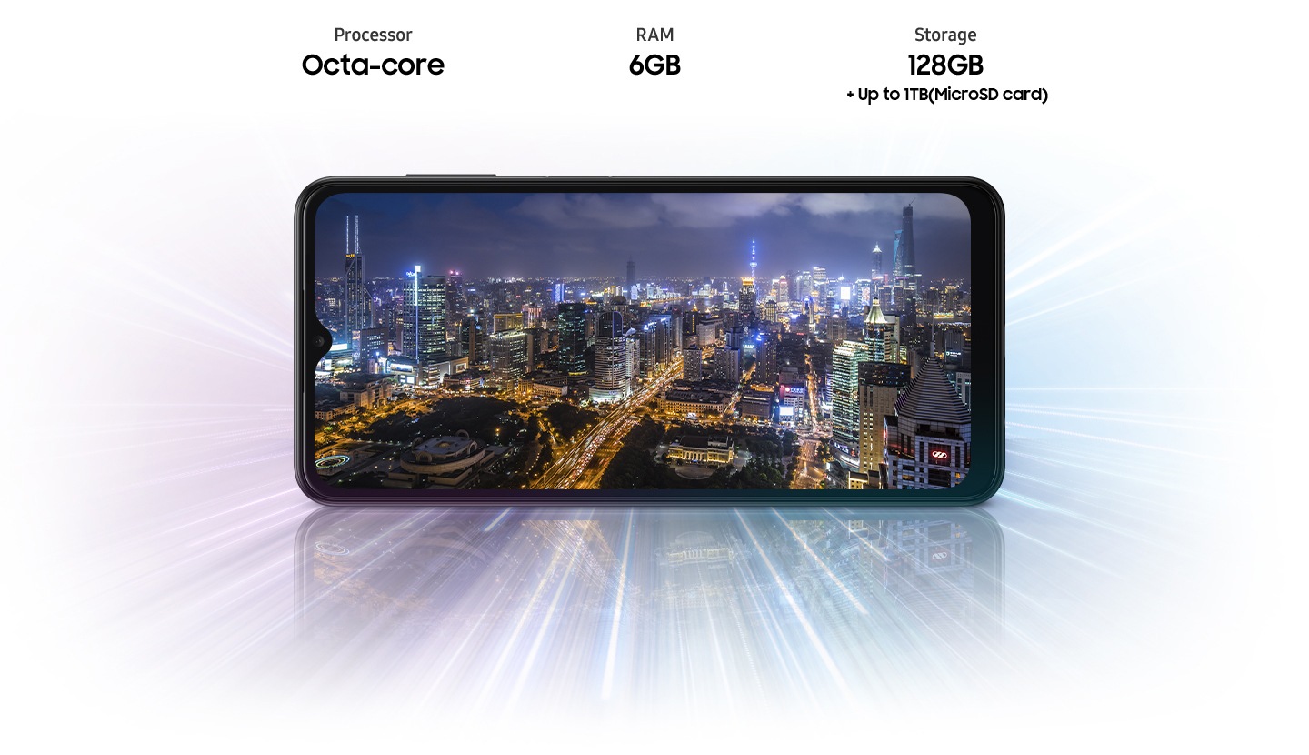 Galaxy A13 5G shows night city view, indicating device offers Octa-core processor, 4GB/6GB RAM, 64GB/128GB with up to 1TB-storage.