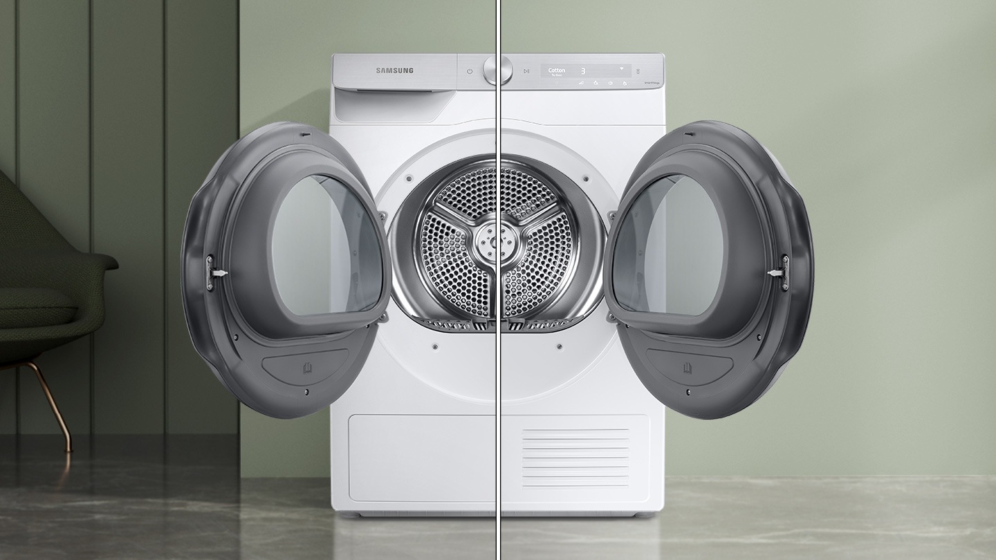 DV8000T dryer with doors opened to both sides shows the reversible feature at a glance.