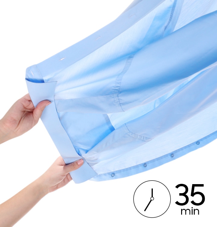 Underneath a dried-up light blue shirt, there is a clock icon with the word “35 minutes.”