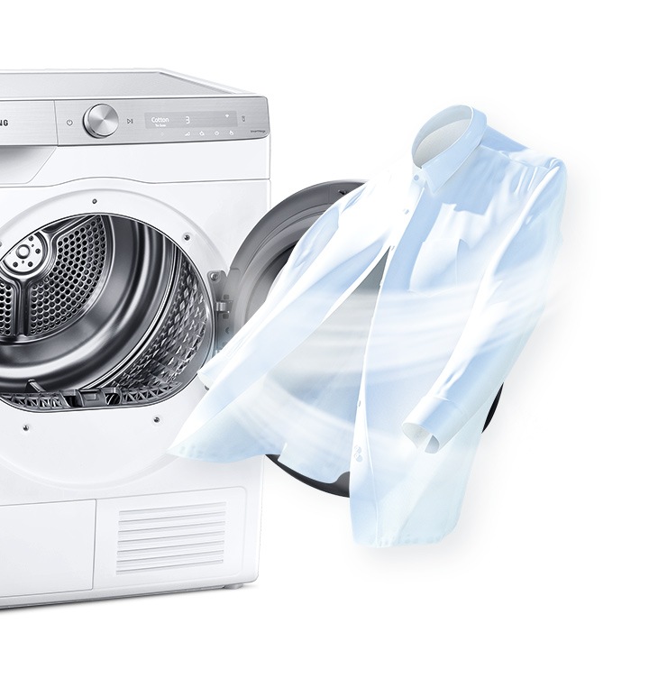 To show cleanliness, a strong air current is being blown to a white shirt where it stands next to an open dryer door.