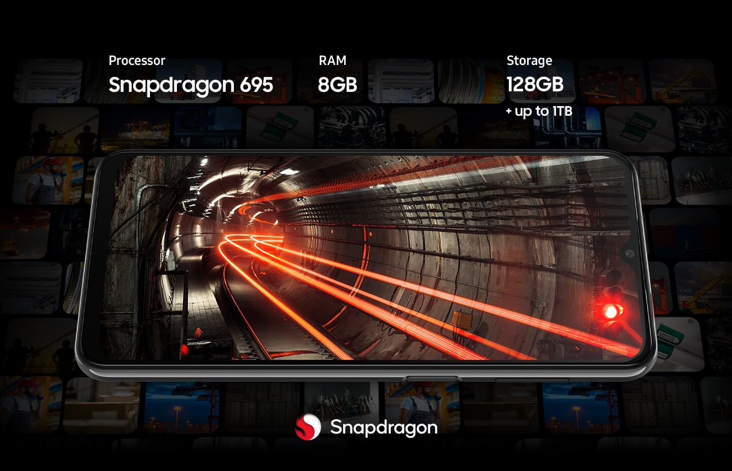 The background of a Galaxy A23 5G shows an underground tunnel with red lights running through it. Surrounding the smartphone are faded thumbnails of various contents. Device offers Snapdragon 695 processor.