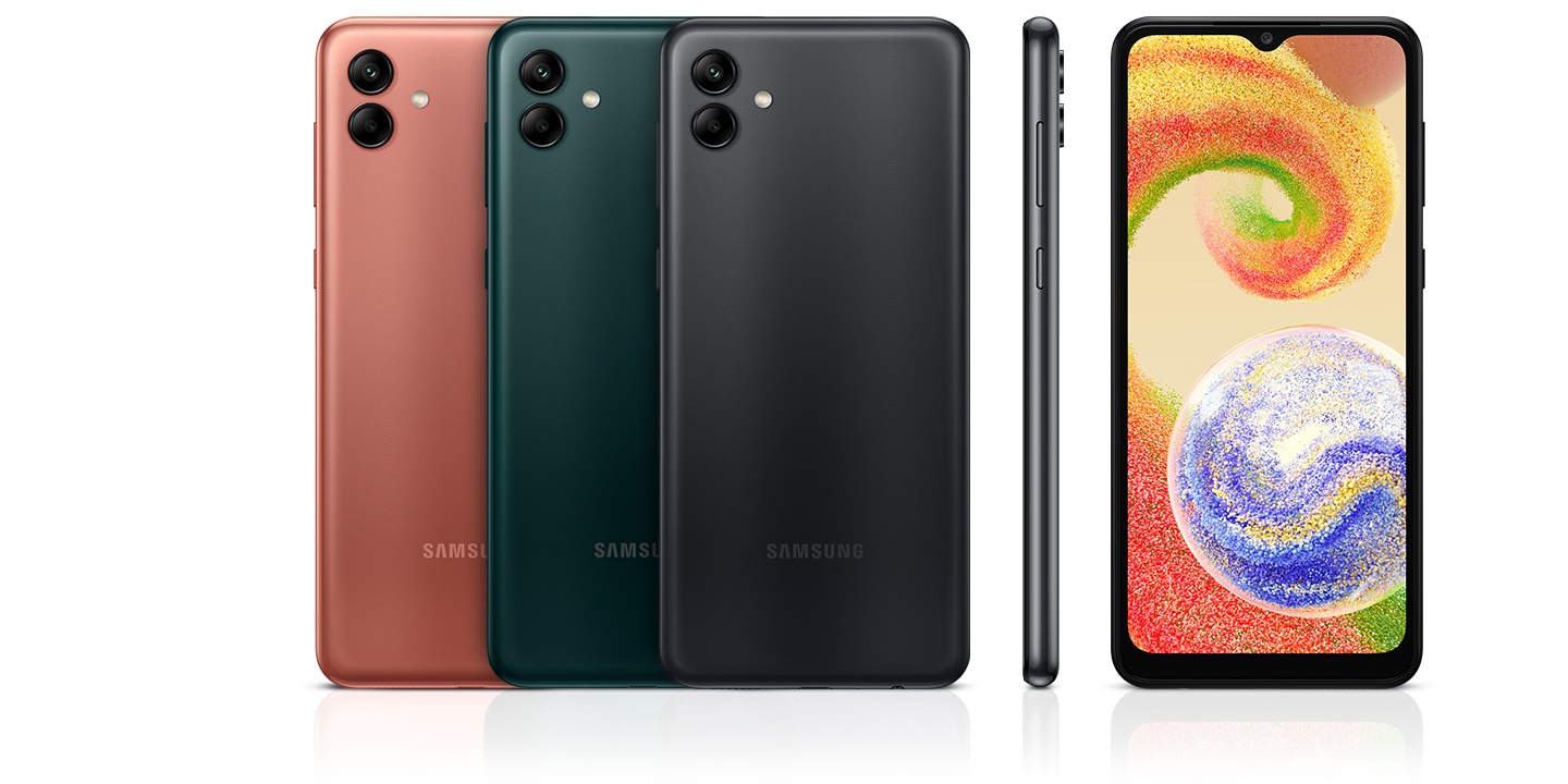 Six devices are displayed to appeal their colors and design. Four reversed ones are in copper, green, and black while one is looking at the front and another showing the right side of device.