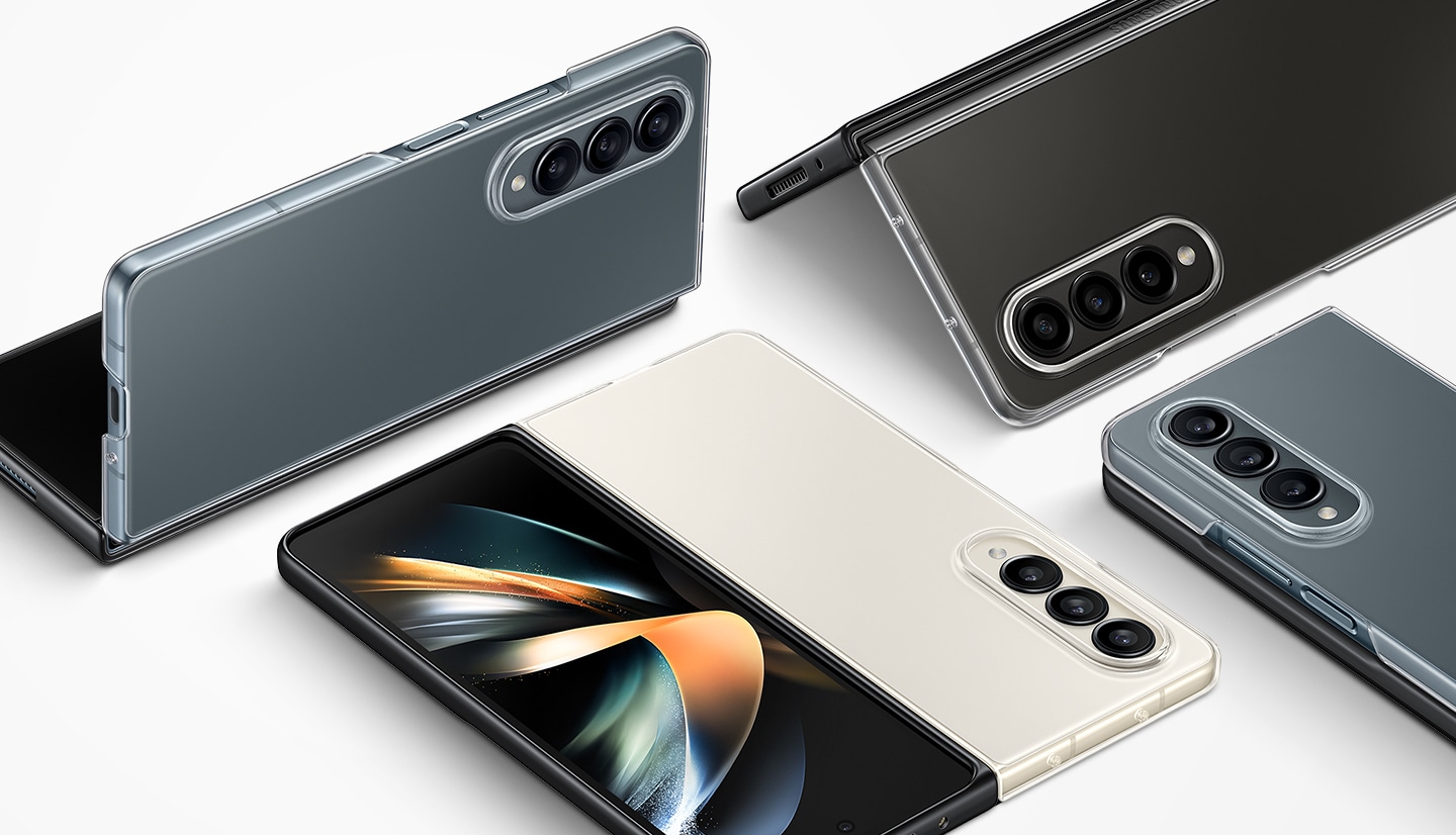 Four Galaxy Z Fold4 devices in various colour variations - gray green, phantom black, beige - are encased with the Clear Edge Cover and laid beside each other in folded, half-folded and unfolded positions.